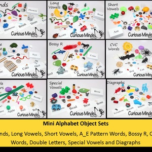 Montessori alfabet objecten mini lots-object en Word kaarten voor Diagraph, blends, speciale klinkers, CVC woorden, korte en lange klinkers, A_E