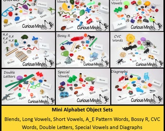 May include: A set of 9 colourful trays filled with small objects, each tray representing a different phonics concept. The trays are labelled with the following concepts: Blends, Long Vowels, Short Vowels, A_E Pattern Words, Bossy R, CVC Words, Double Letters, Special Vowels, and Diagraphs. Each tray contains a variety of objects, such as toys, buttons, and beads, that represent the corresponding phonics concept.