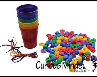 Color Sorting Cups and Beadss Set -  Large Bright Beads to Sort - Preschool Color Sorting and Lacing Learning Activity