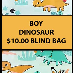 May include: A teal and orange dinosaur-themed blind bag with cartoon dinosaurs and foliage. The text "BOY DINOSAUR $10.00 BLIND BAG" is displayed on a yellow background. The Curious Minds Busy Bags logo is at the bottom.