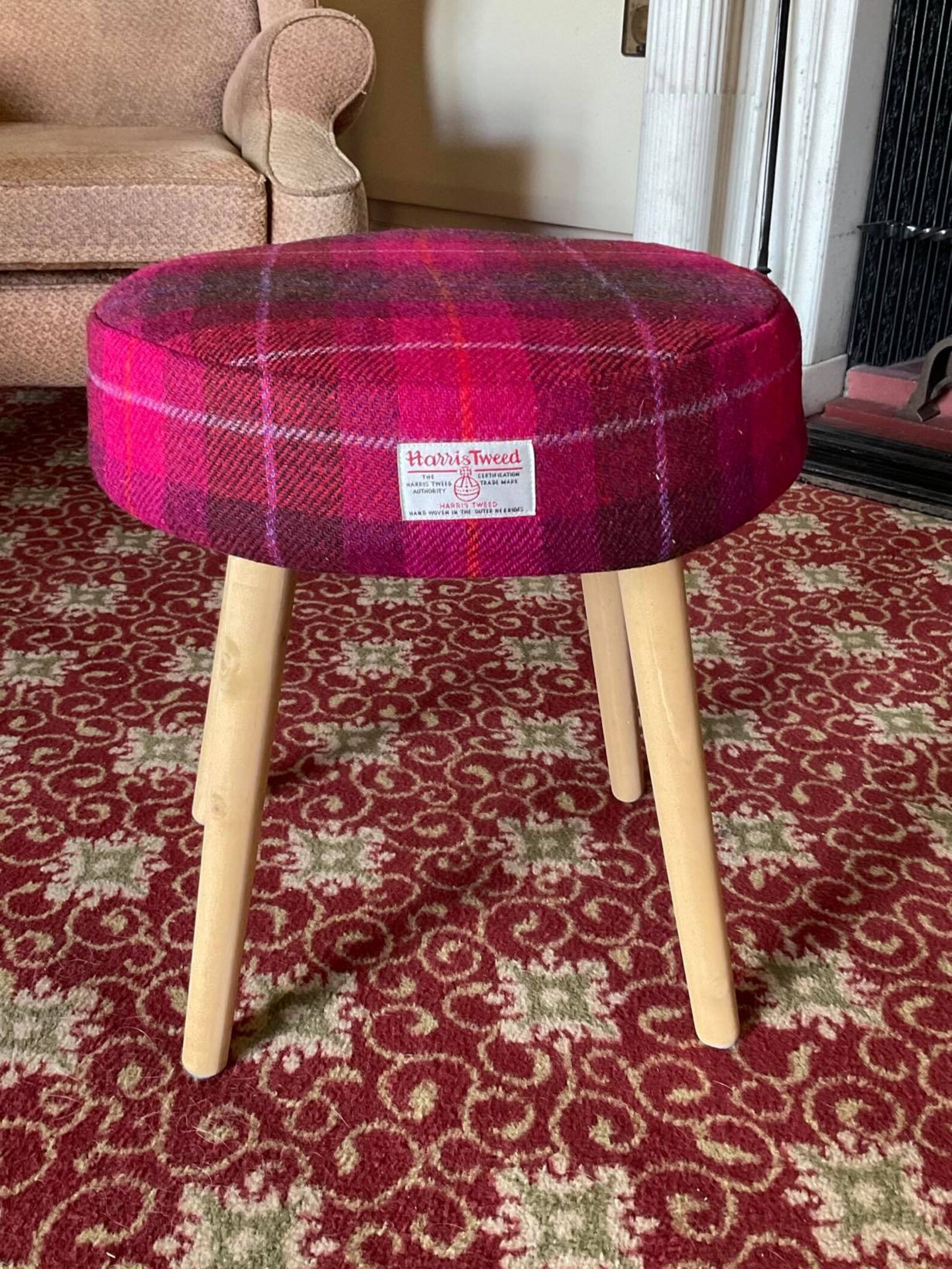 Harris Tweed Stool Fuschia Check Pure Wool Handmade Etsy