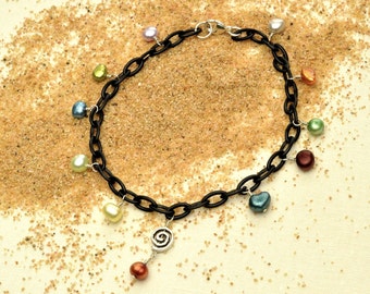 Black Anklet with Pearls and Spiral