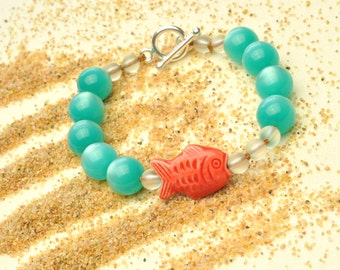 Aqua Vintage Moonglow Bracelet with Hand Painted Peruvian Fish and Bubbles