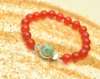 Red Jade with Vintage Japanese Millefiori Clasp Bracelet