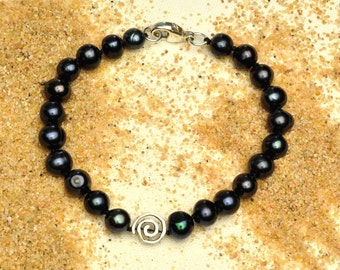 Blue Black Pearl Bracelet with Artisan Spiral