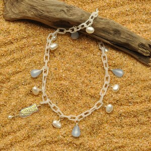 Milky White Anklet with Fish, Pearls and Vintage Moonglow Teardrops