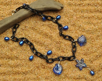 Black Anklet with Pearls and Vintage Lucite Sea Life