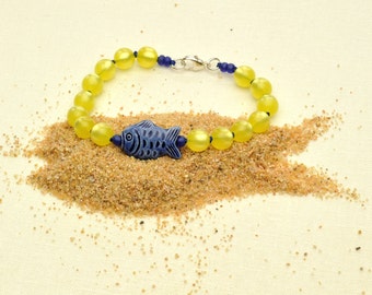 Lemon Yellow Bracelet with Hand Painted Peruvian Fish and Bubbles