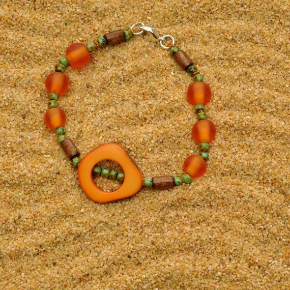 Orange Pumpkin Tagua Nut and Fair Trade Resin Hand Knotted Bracelet