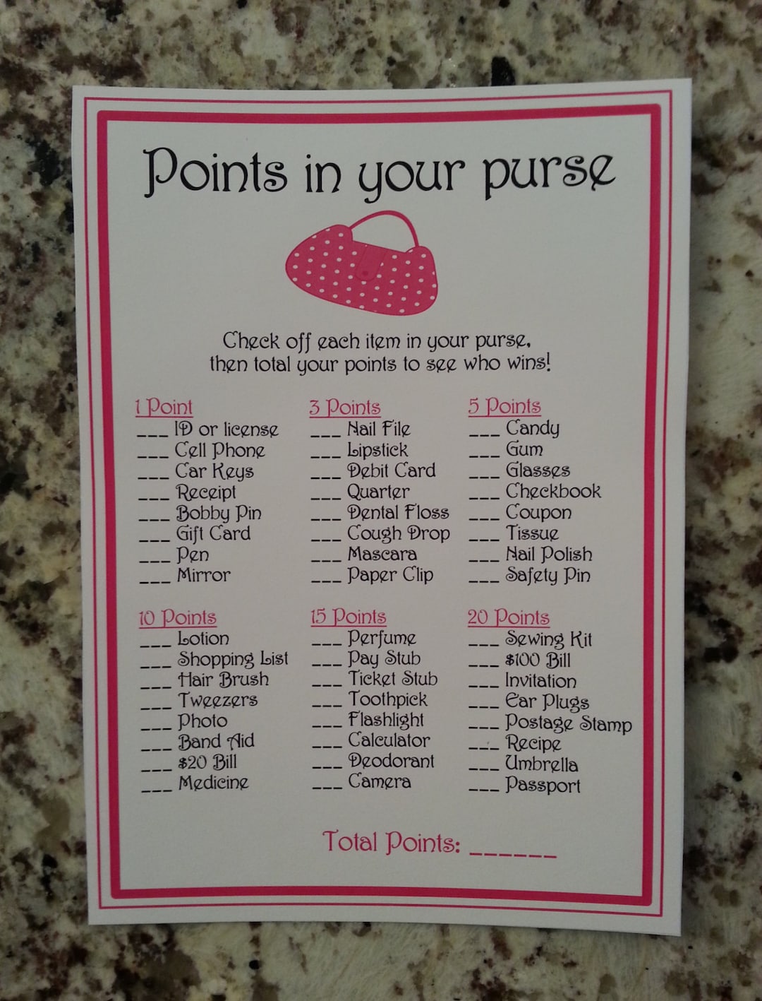 Points In Your Purse Game Printable
