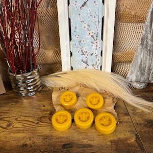 Pode incluir: Seis velas redondas de cera de abelha de cor amarelo dourado com um desenho de abelha em cada uma. As velas estão dispostas em semicírculo sobre uma superfície de madeira castanho.