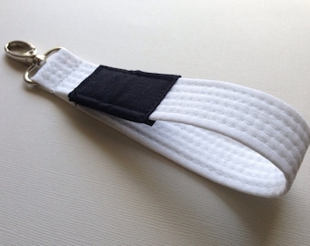 White Brazilian Jiu Jitsu belt wrist key chain fob lanyard BJJ Judo