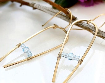 READY TO SHIP Genuine Sky Blue Topaz Arc Earrings | 14K Gold Filled | Unique Birthstone Earrings Gift for Her