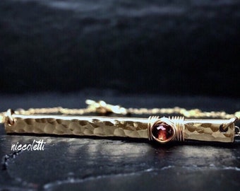 Garnet Signature Bar Necklace | Bday Gift for Her | 14k Gold Bar Necklace | January Birthstone Jewelry | Mothers Day Gift | Garnet Solitaire