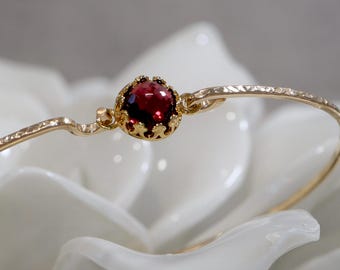 Brazalete estrecho de granate real / Pulsera delicada de granate rojo bañada en oro de 14 kt / Regalo de oro rosa con piedra natal de enero / Joyería delicada de granate