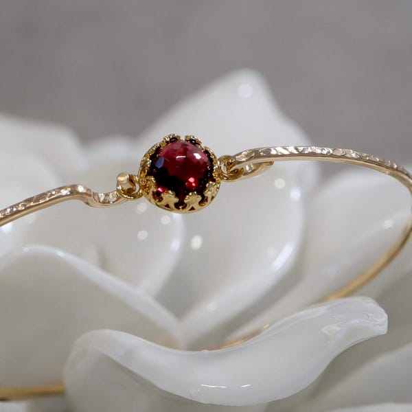 Garnet Royal Skinny Bangle | 14Kt Gold Filled Delicate Red Garnet Bracelet | Rose Gold January Birthstone Gift | Dainty Garnet Jewelry