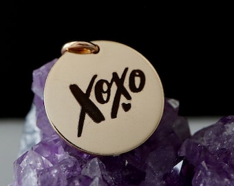 Xoxo Charm or Pendant | 16MM Personalized 14K GF or Sterling Silver Charm or Pendant for Him or Her | Customize the Back