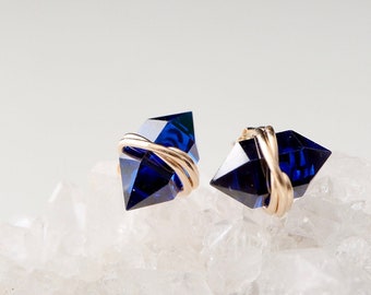 3 Ct Sapphire Geo Studs | September Birthstone Birthday Gift for Her | 14Kt Gold Filled or Sterling Silver Sapphire Herkimer Style Studs