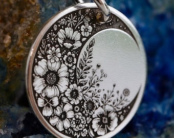 Wildflower Crescent Moon Charm Pendant (19mm) – Personalized Back Engraving – 14k Gold Filled or Sterling Silver