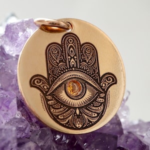 Custom Birthstone Evil Eye Hamsa Pendant or Charm | Engraved 14K GF or Sterling Charm Gift for Her | Hamsa Protection Amulet Talisman