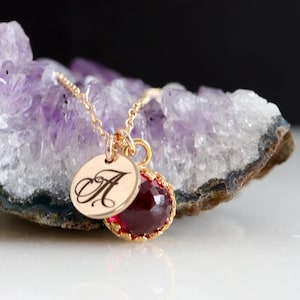 3 Ct Ruby Royal Necklace | Custom Engraved July Birthstone Solitaire Necklace | Dainty 14K Yellow Gold Filled or Sterling Silver Necklace