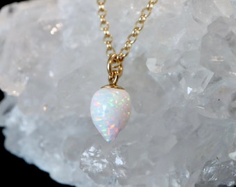 NEW Tiny White Opal Inverted Teardrop Necklace | 14Kt Gold Filled or Sterling Silver October Birthstone Jewelry | Opal Pendant Gift for Her