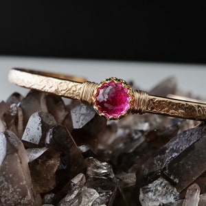3 Ct Pink Tourmaline Deco Cuff | October Birthstone | 8th Anniversary Engraved Gift for Her | Lab Created Pink Tourmaline 14Kt Gold Bracelet