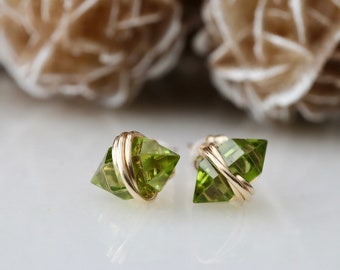 2 Ct Peridot Geo Studs | August Birthstone Jewelry for Her | Dainty 14Kt Gold Filled Rose Gold or Sterling Silver Peridot Earrings Gift