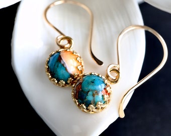 Spiny Oyster Turquoise Royal Earrings | 14Kt Gold Filled or Sterling Silver December Birthstone Birthday Jewelry Gift Her | Dangle Earrings
