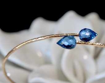 Delicate Swiss Blue Topaz Teardrop Bypass Bracelet | 14K GF or Sterling Silver December Birthday Birthstone Bangle | December Push Present