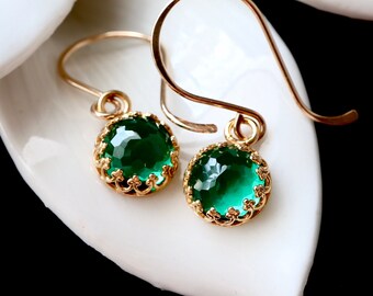 Emerald Royal Dangle Earrings - 14k Gold Filled, Sterling Silver May Birthstone Jewelry