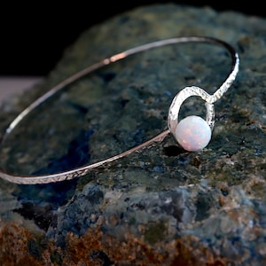 White Opal Orbit Bangle | OCTOBER Birthstone Birthday Gift | 14K Gold Filled or Sterling Silver Bracelet | 25th Wedding Anniversary Jewelry