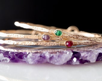 Mothers Birthstone Bracelet Set / Unique Delicate 14k GF or Sterling Silver Gemstone Bangles / Heirloom Jewelry Gifts For Mom, Wife, Her