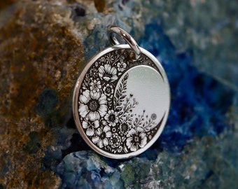 Wildflower Crescent Moon Charm Pendant (16mm) – Personalized Back Engraving – 14k Gold Filled or Sterling Silver