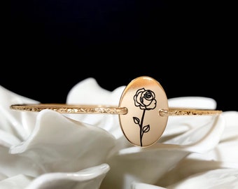 Flora Bangle | Custom Birth Flower Bracelet | 14k Gold Filled or Sterling Silver Birthflower Jewelry | Engraved Friendship Bracelet Mom Gift