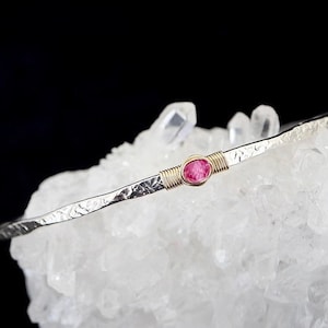 Pink Tourmaline Signature Bangle | Personalized Sterling Silver or 14Kt Gold Filled Bracelet | 8th Anniversary or Libra Gift for Her