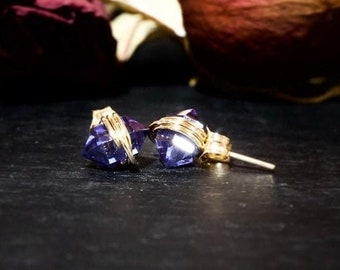 4 Ct Tanzanite Geo Studs | December Birthstone Birthday Nugget Post Earrings | Lab Grown Violet Stone Nickel Free Gift for Her