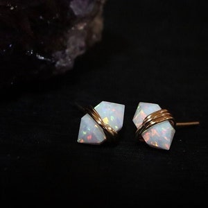 Opal Geo Studs Sterling Silver or 14Kt Gold Filled Lab Opal Earrings October Libra Birthstone Gift for Her October Birthday Gift image 1