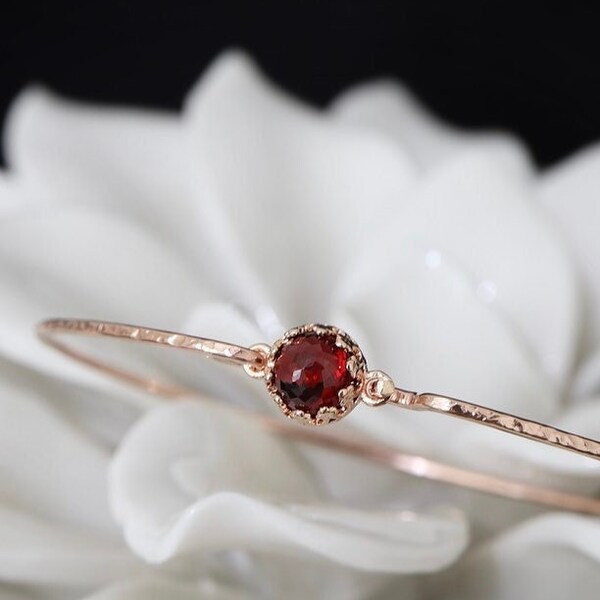 Garnet Royal Skinny Bangle | 14Kt Gold Filled Delicate Red Garnet Bracelet | Rose Gold January Birthstone Gift | Dainty Garnet Jewelry