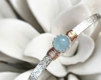 2 Ct Natural Aquamarine Deco Cuff | March Birthstone Engraved Birthday Gift for Her | Mixed Metal Cuff | Blue Gemstone Bracelet for Bride