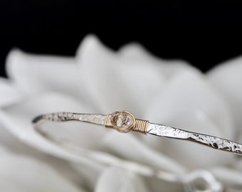 Clear Quartz Signature Bangle | Dainty Diamond Alternative April Birthstone Bracelet | 14Kt Gold Filled or Sterling Silver Hook Bangle