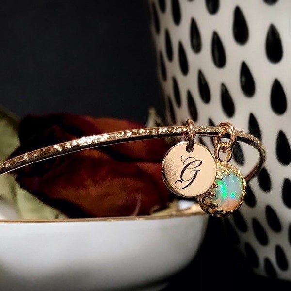 Welo Opal Royal Charm Bangle | October Personalized Engraved Birthstone Gift | Sterling Silver or 14Kt Gold Fill Ethiopian Welo Opal