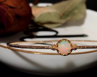 Welo Opal Royal Skinny Bangle | Ethiopian Welo Opal Solitaire Bracelet | October Birthstone Gift for Her | Dainty Libra Birthday Gift