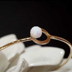 White Opal Orbit Bangle | OCTOBER Birthstone Birthday Gift | 14K Gold Filled or Sterling Silver Bracelet | 25th Wedding Anniversary Jewelry