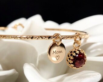 Custom Natural Garnet Charm Bracelet  / January Birthstone Bracelet  / 2nd anniversary Gift for Wife / Engraved Personalized Bangle Jewelry