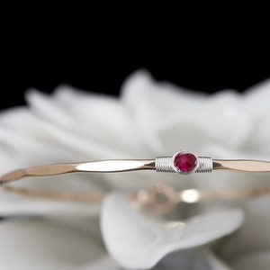 Vibrant Ruby Signature Bangle | July Birthstone Jewelry | 14K Gold Filled or Sterling Silver Pink- Red Ruby Bracelet | 40th Anniversary Gift