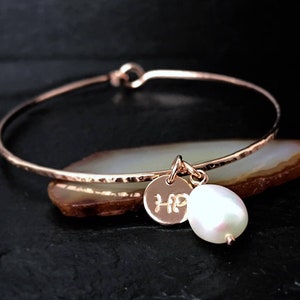 Freshwater Pearl Charmed Bangle | Personalized June Birthstone Gift for Mom, Wife, Sister | White Pearl Bangle | 14k Gold Filled or SS Pearl