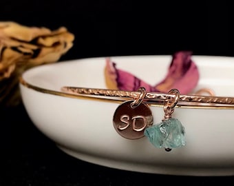 Aquamarine Callow Bangle | March Birthstone Gift | Rough Aquamarine Jewelry | Personalized GF, Sterling Bangle | Pisces Women Jewelry Gifts