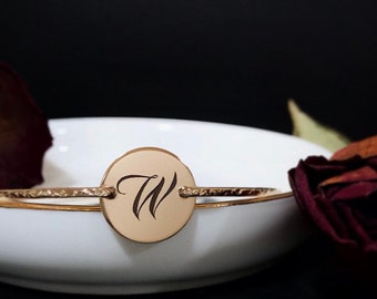 Flair Bangle |  Personalized Calligraphy Initial Bracelet |14k Gold Filled or Sterling Silver Initial Jewelry | Engraved Monogram Jewelry