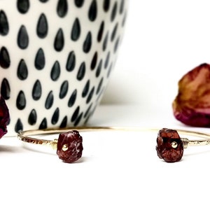 Garnet Double Callow Cuff | Minimalist Birthstone Raw Gem Bracelet | 14K Gold or Sterling Silver Dainty Rough Red Garnet Jewelry for Her